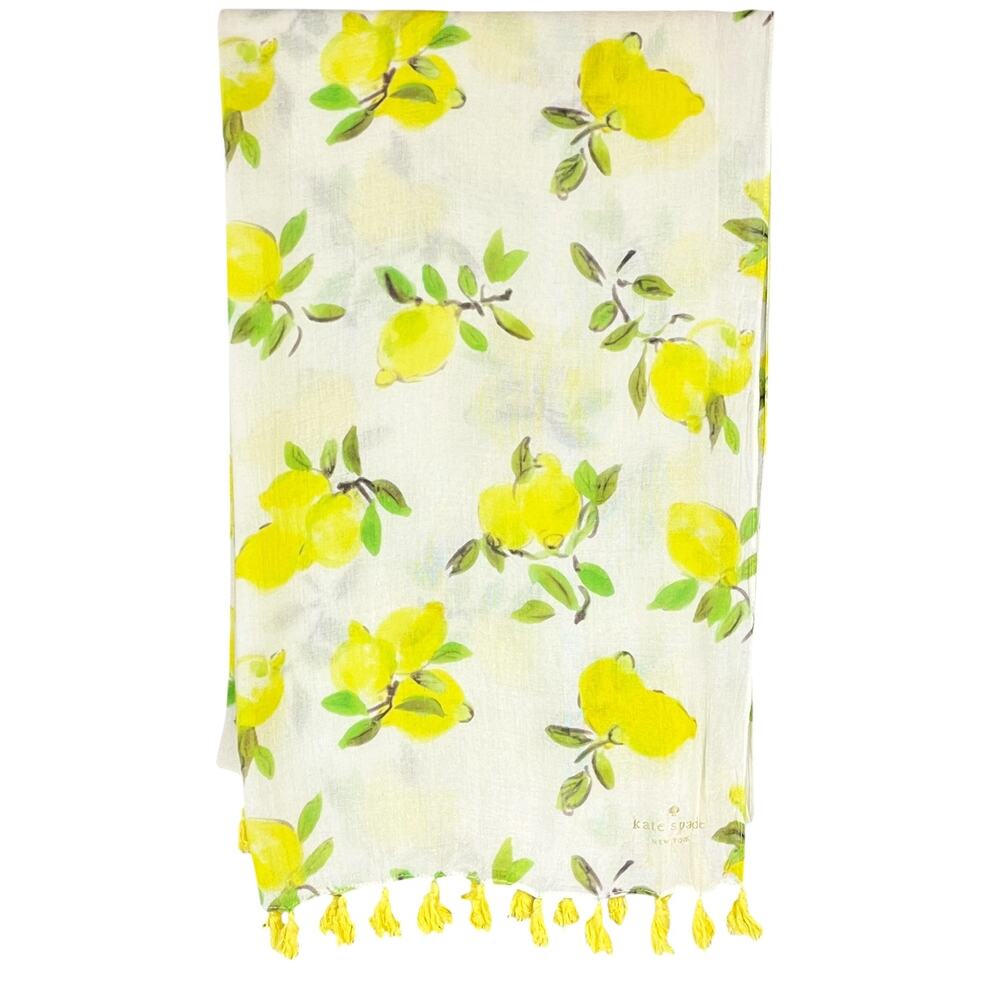 KATE SPADE Illustrated Lemon Print Oblong Scarf Yellow Tassel Fringe 80" x 25"
